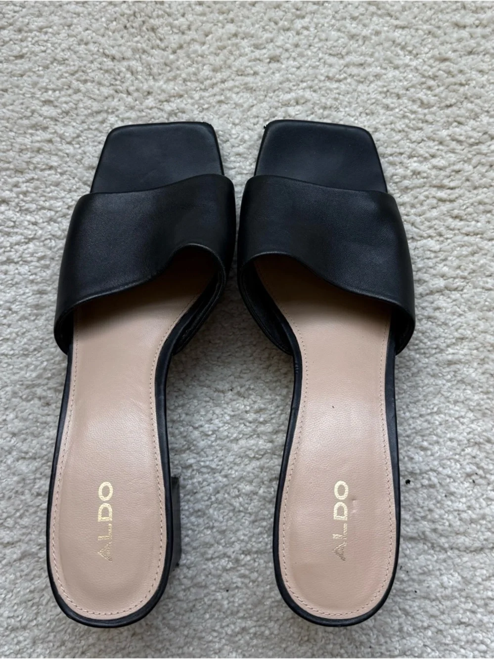 Aldo Black Square Toe Block Heel Slide Mules - Picture 2 of 5